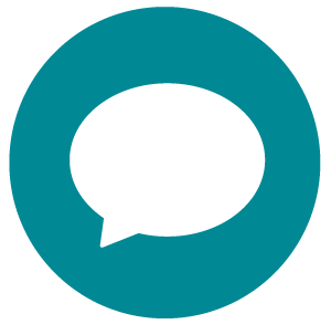 Icon of white voice bubble on teal circular background