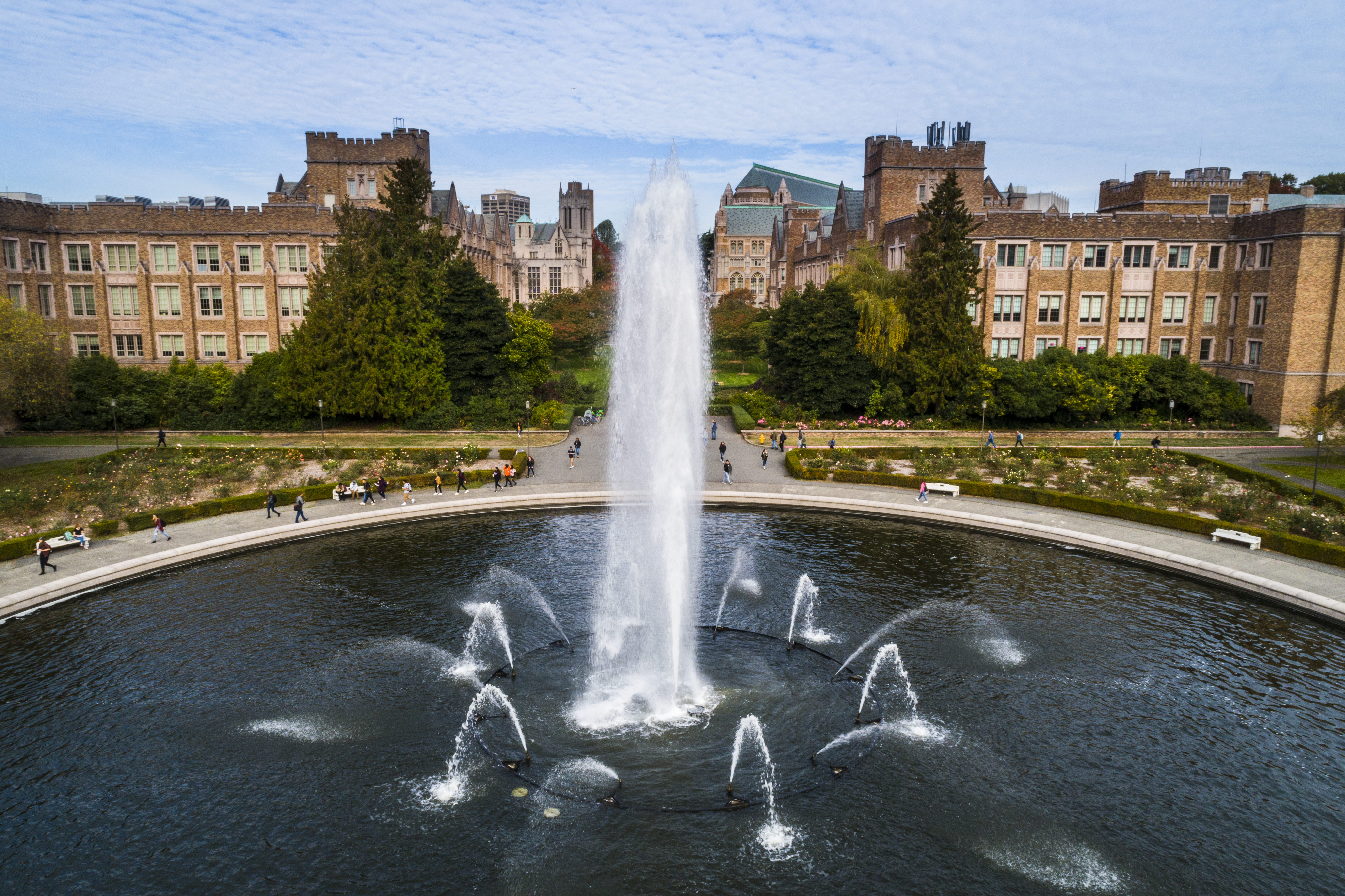 Campus Drone Images Images of campus fountain from a drone