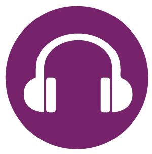 Icon of white over the ear headphones on purple circular background